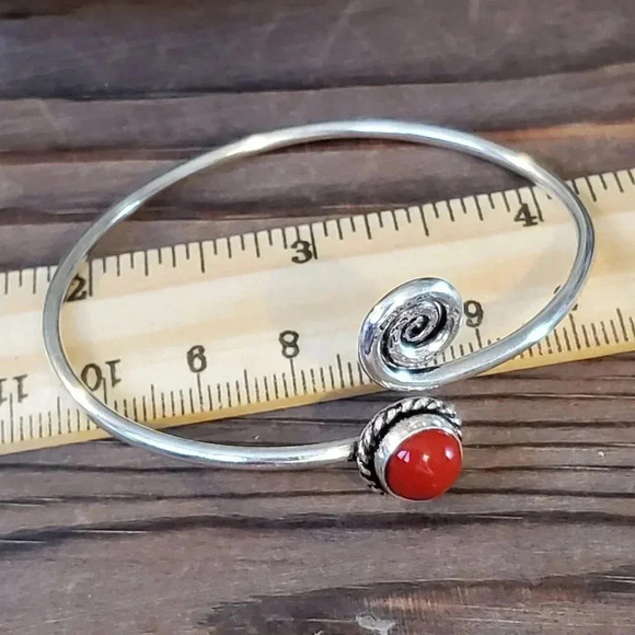 Handcrafted Red Coral Swirl Gemstone Sterling Silver Overlay Artisan Cuff Bracel - Picture 7 of 7